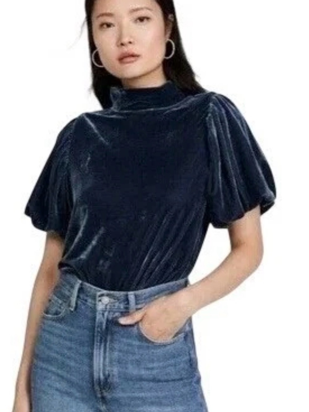 Free People Velvet Mock Neck Puff Sleeve Top - green/blue pit-pit20 (mix39)